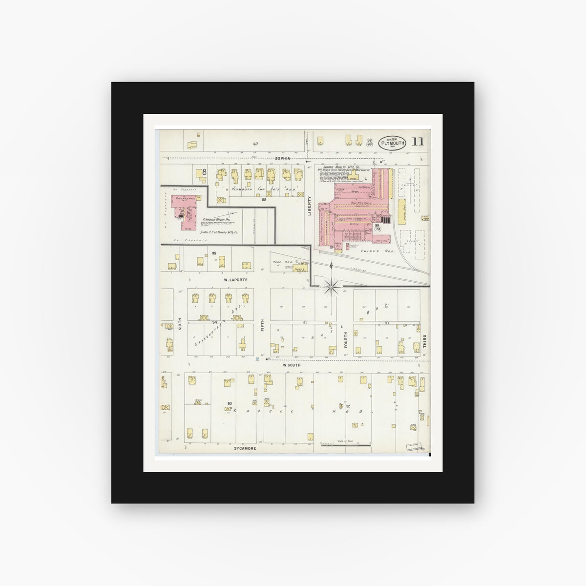 Old map wall art mockup — black gallery frame with white mat — Sanborn Fire Insurance Map from Plymouth, Marhshall County, Indiana (1898), Sheet #0011