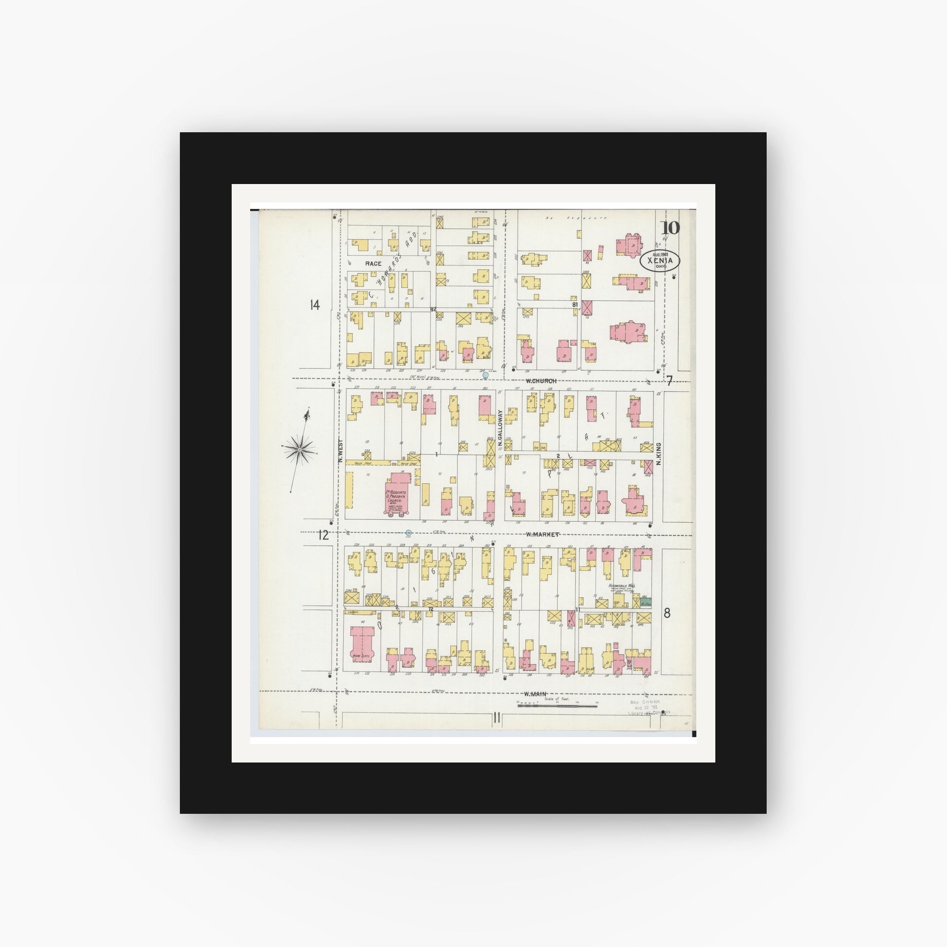 Old map wall art mockup — black gallery frame with white mat — Sanborn Fire Insurance Map from Xenia, Greene County, Ohio (1901), Sheet #0010
