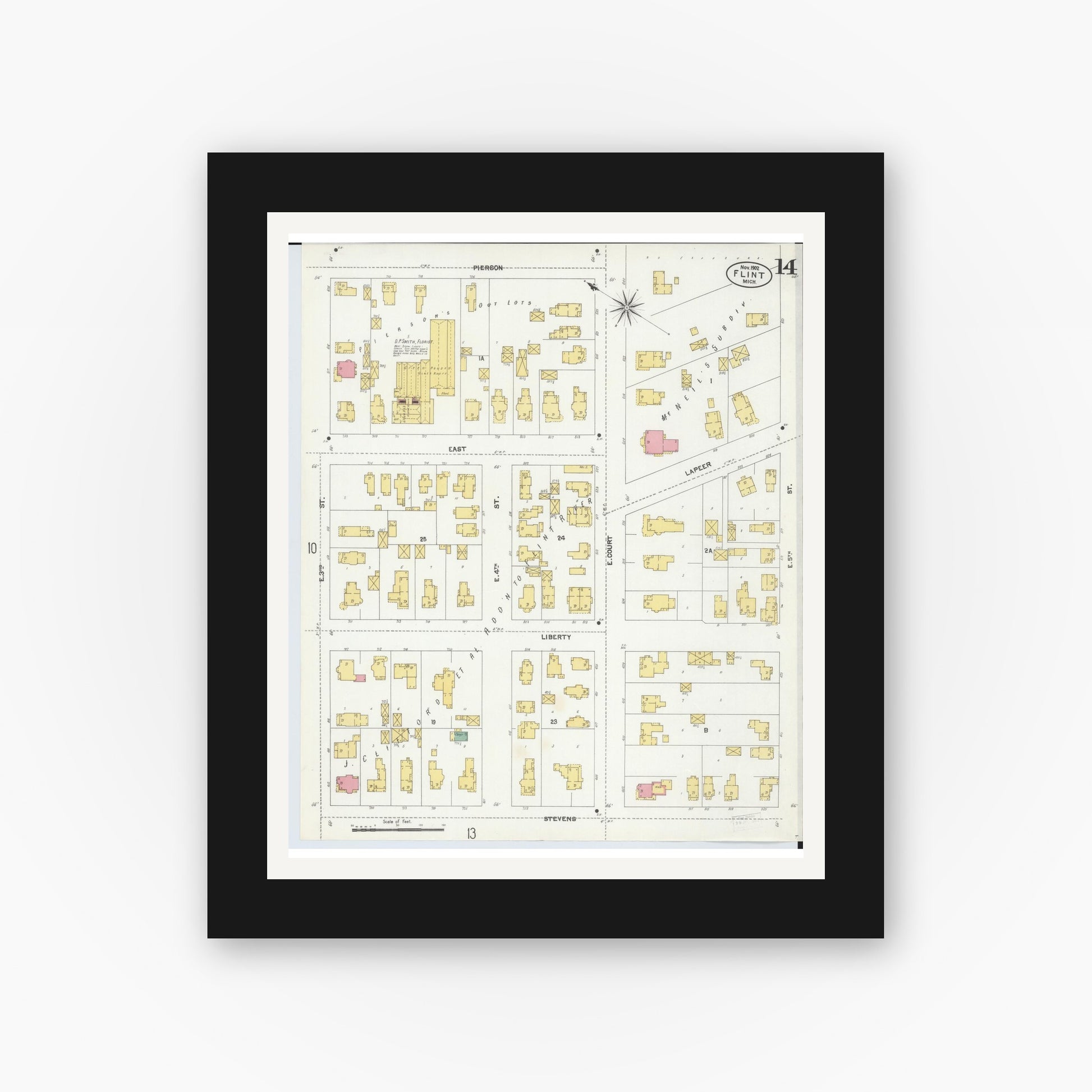 Old map wall art mockup — black gallery frame with white mat — Sanborn Fire Insurance Map from Flint, Genesee County, Michigan (1902), Sheet #0014