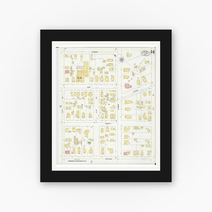 Old map wall art mockup — black gallery frame with white mat — Sanborn Fire Insurance Map from Flint, Genesee County, Michigan (1902), Sheet #0014