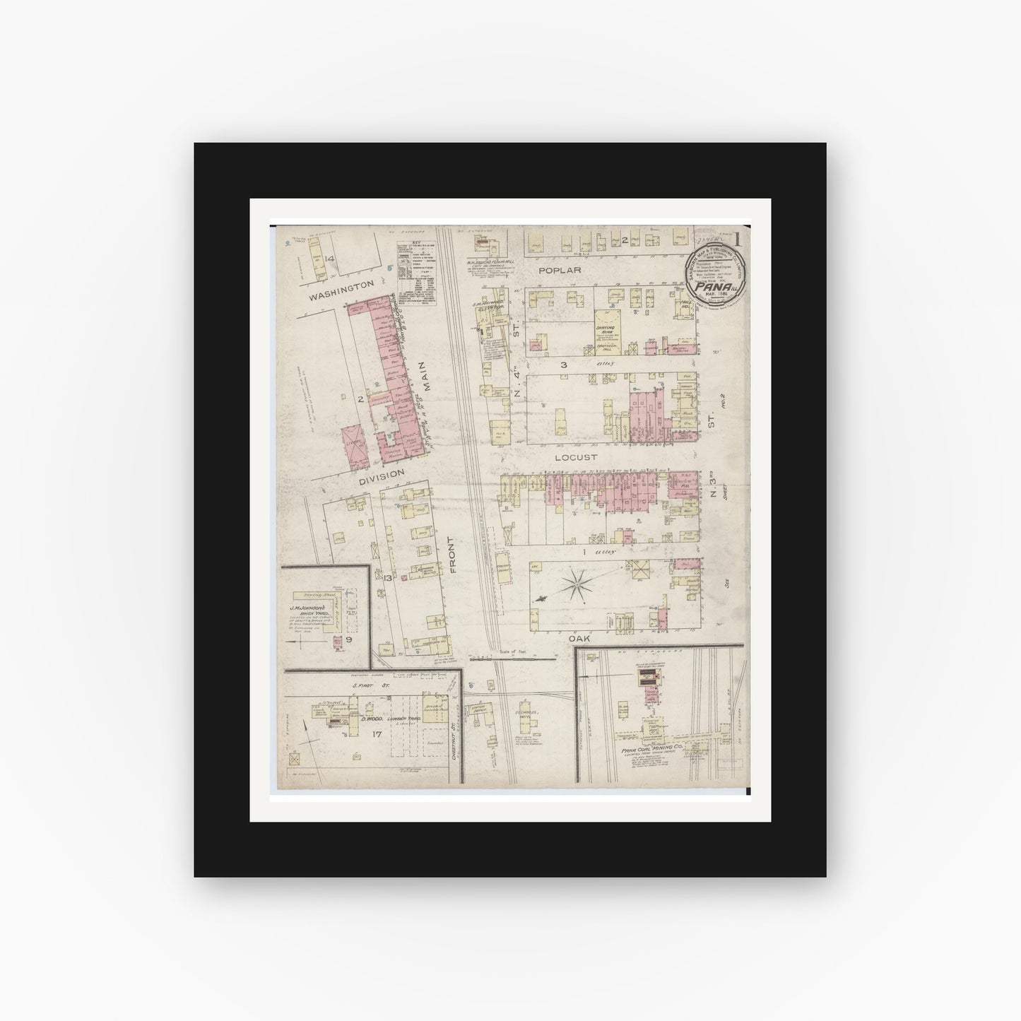 Old map wall art mockup — black gallery frame with white mat — Sanborn Fire Insurance Map from Pana, Christian County, Illinois (1886) - Complete Map Set