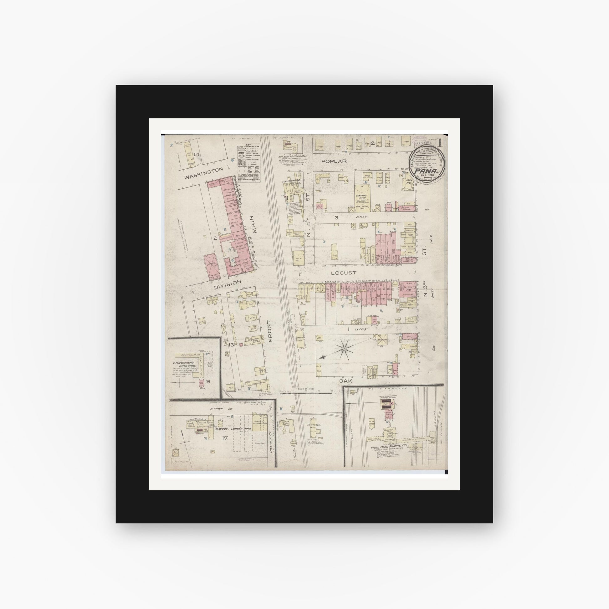 Old map wall art mockup — black gallery frame with white mat — Sanborn Fire Insurance Map from Pana, Christian County, Illinois (1886) - Complete Map Set