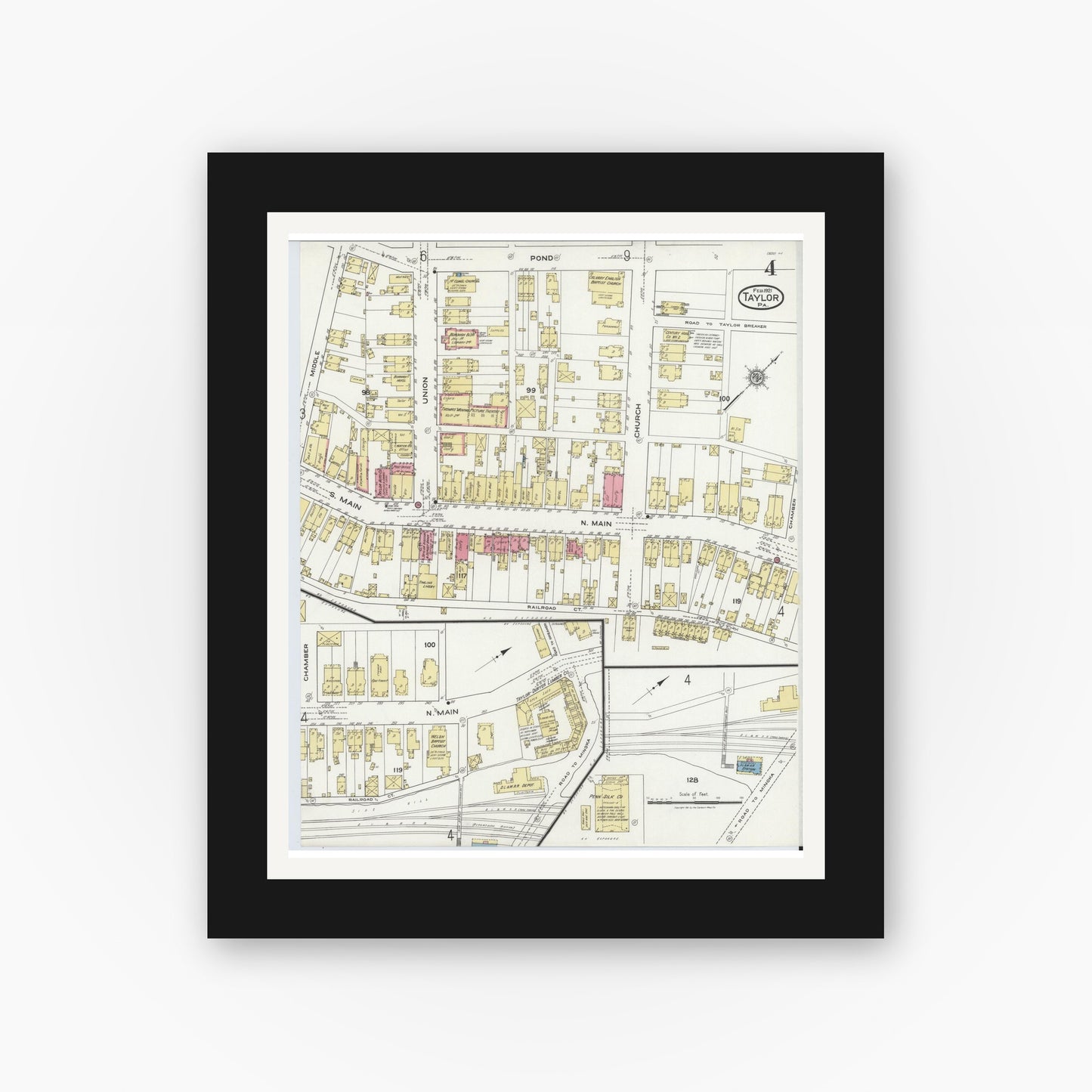 Old map wall art mockup — black gallery frame with white mat — Sanborn Fire Insurance Map from Taylor, Lackawanna County, Pennsylvania (1921), Sheet #0004