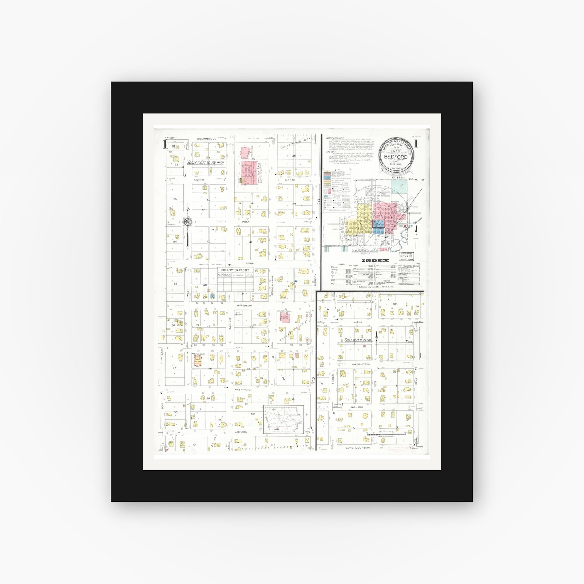 Old map wall art mockup — black gallery frame with white mat — Sanborn Fire Insurance Map from Bedford, Taylor County, Iowa (1933) â€” Complete Set