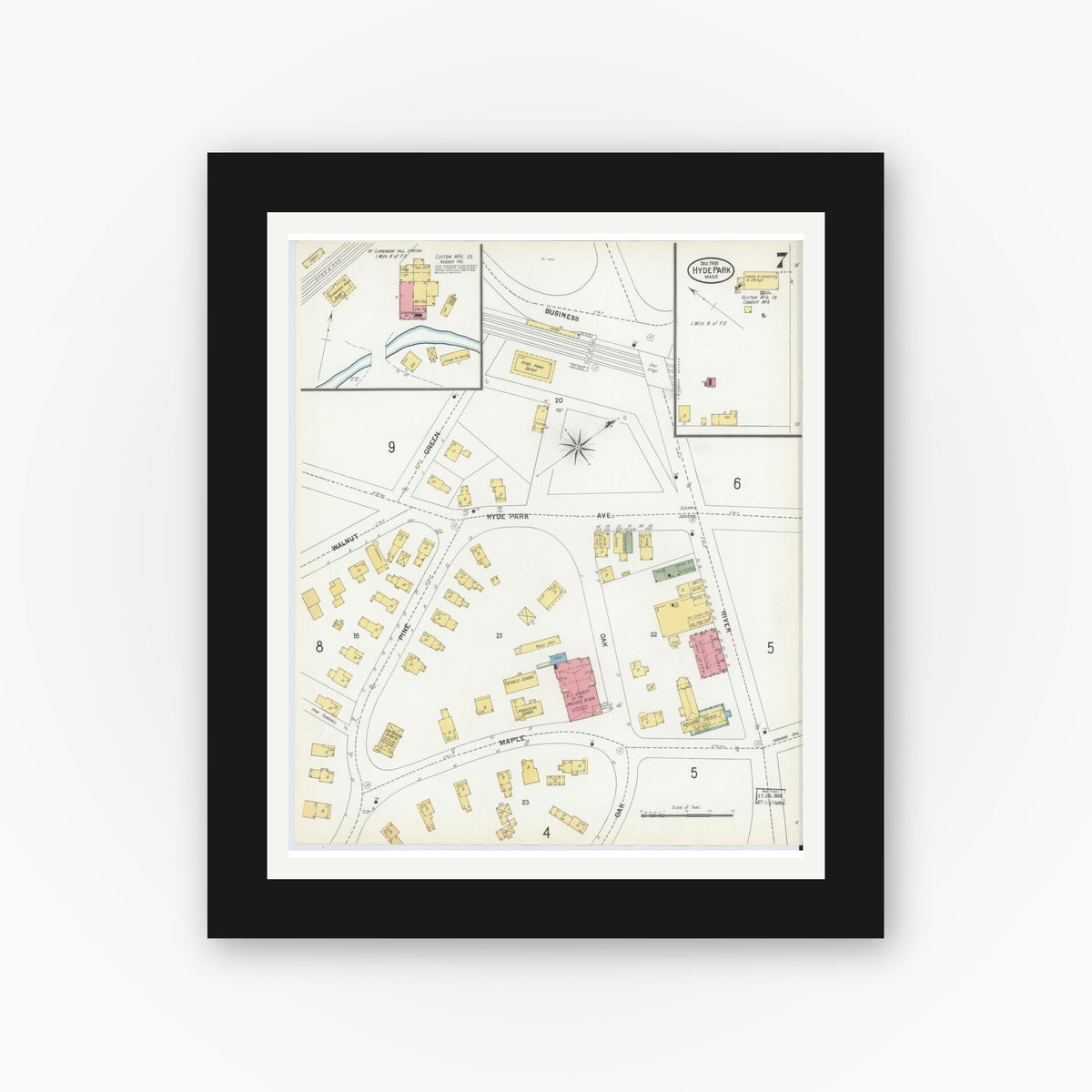 Old map wall art mockup — black gallery frame with white mat — Sanborn Fire Insurance Map from Hyde Park, Norfolk County, Massachusetts (1900), Sheet #0007