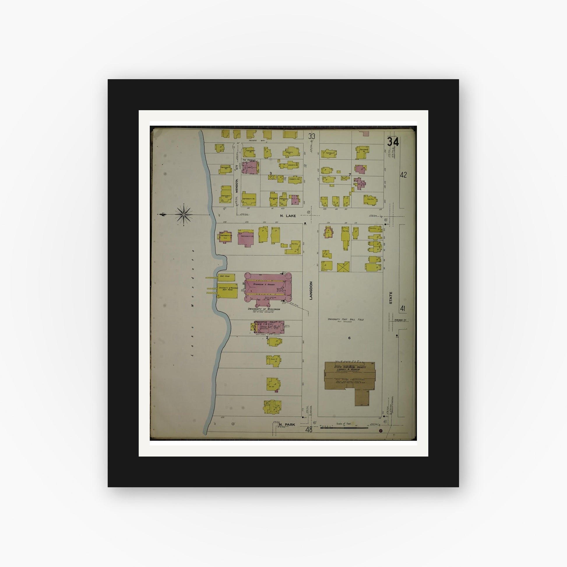 Old map wall art mockup — black gallery frame with white mat — Sanborn Fire Insurance Map from Madison, Dane County, Wisconsin (1908), Sheet #0034