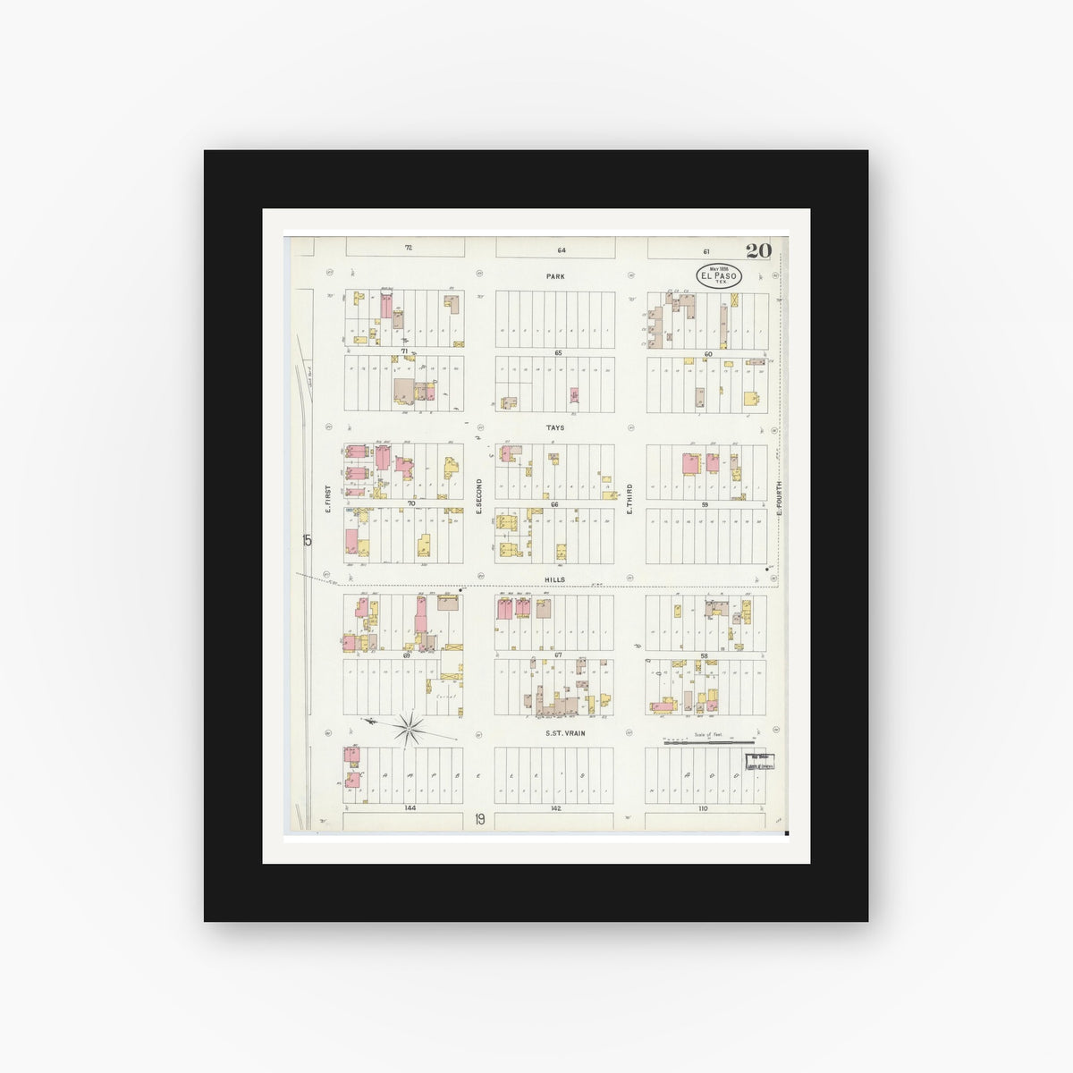 Old map wall art mockup — black gallery frame with white mat — Sanborn Fire Insurance Map from El Paso, El Paso County, Texas (1898), Sheet #0020