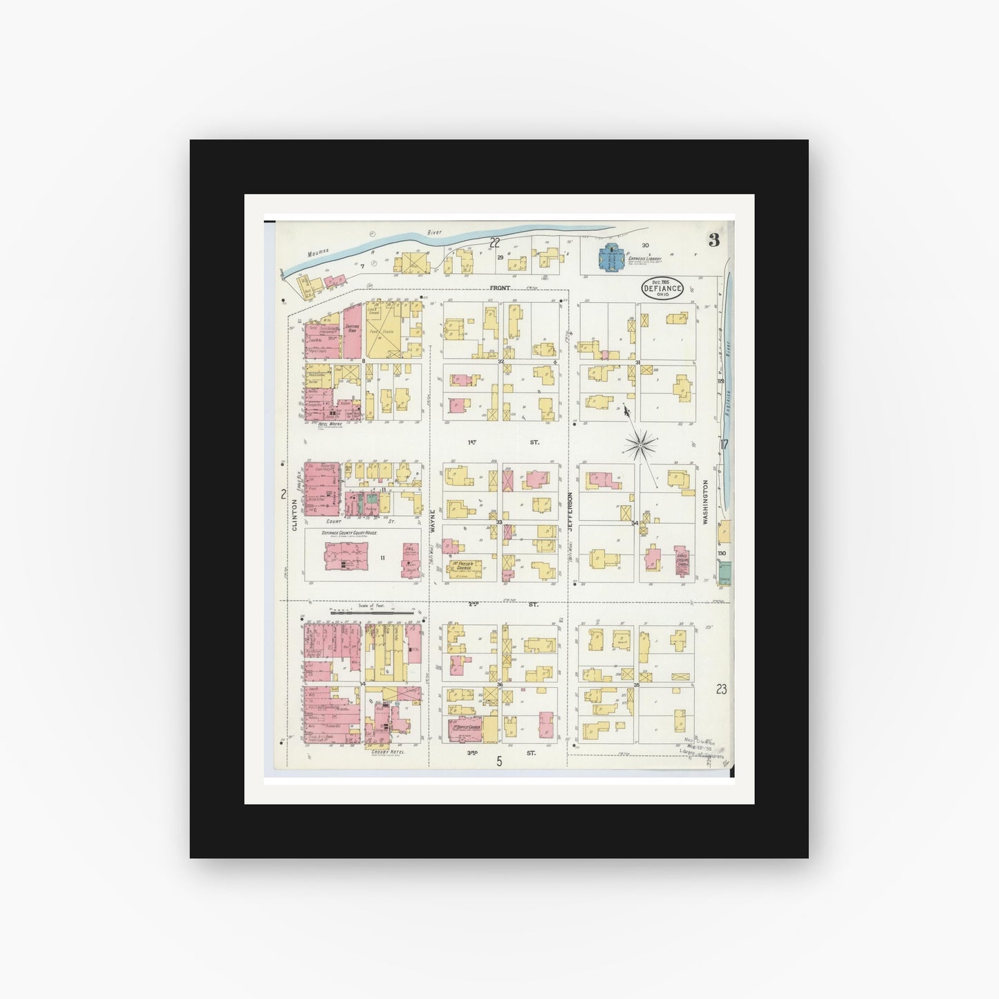 Old map wall art mockup — black gallery frame with white mat — Sanborn Fire Insurance Map from Defiance, Defiance County, Ohio (1905), Sheet #0003