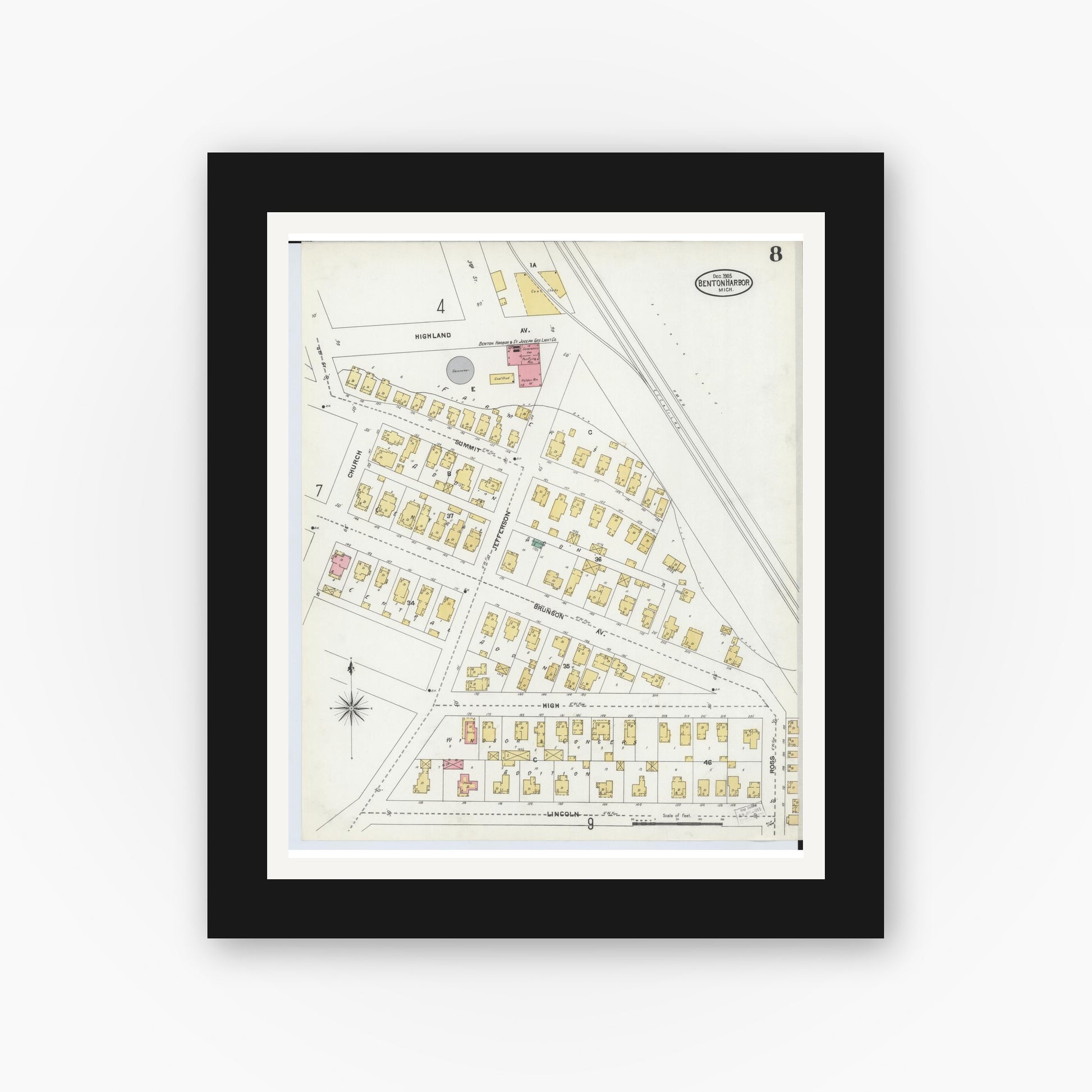 Old map wall art mockup — black gallery frame with white mat — Sanborn Fire Insurance Map from Benton Harbor, Berrien County, Michigan (1905), Sheet #0008