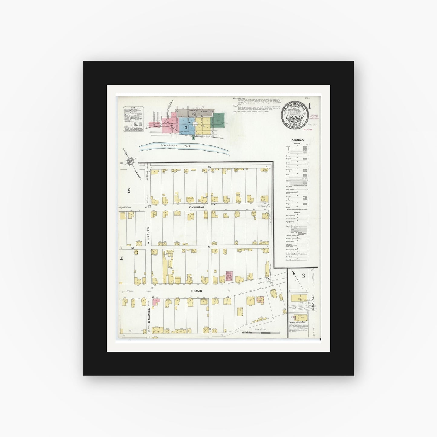 Old map wall art mockup — black gallery frame with white mat — Sanborn Fire Insurance Map from Ligonier, Westmoreland County, Pennsylvania (1910) - Complete Map Set