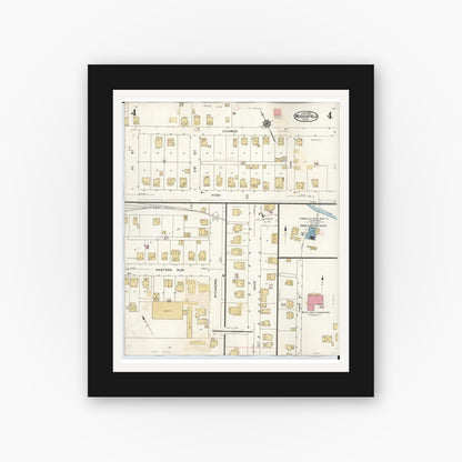 Old map wall art mockup — black gallery frame with white mat — Sanborn Fire Insurance Map from Woodsfield, Monroe County, Ohio (1949), Sheet #0004