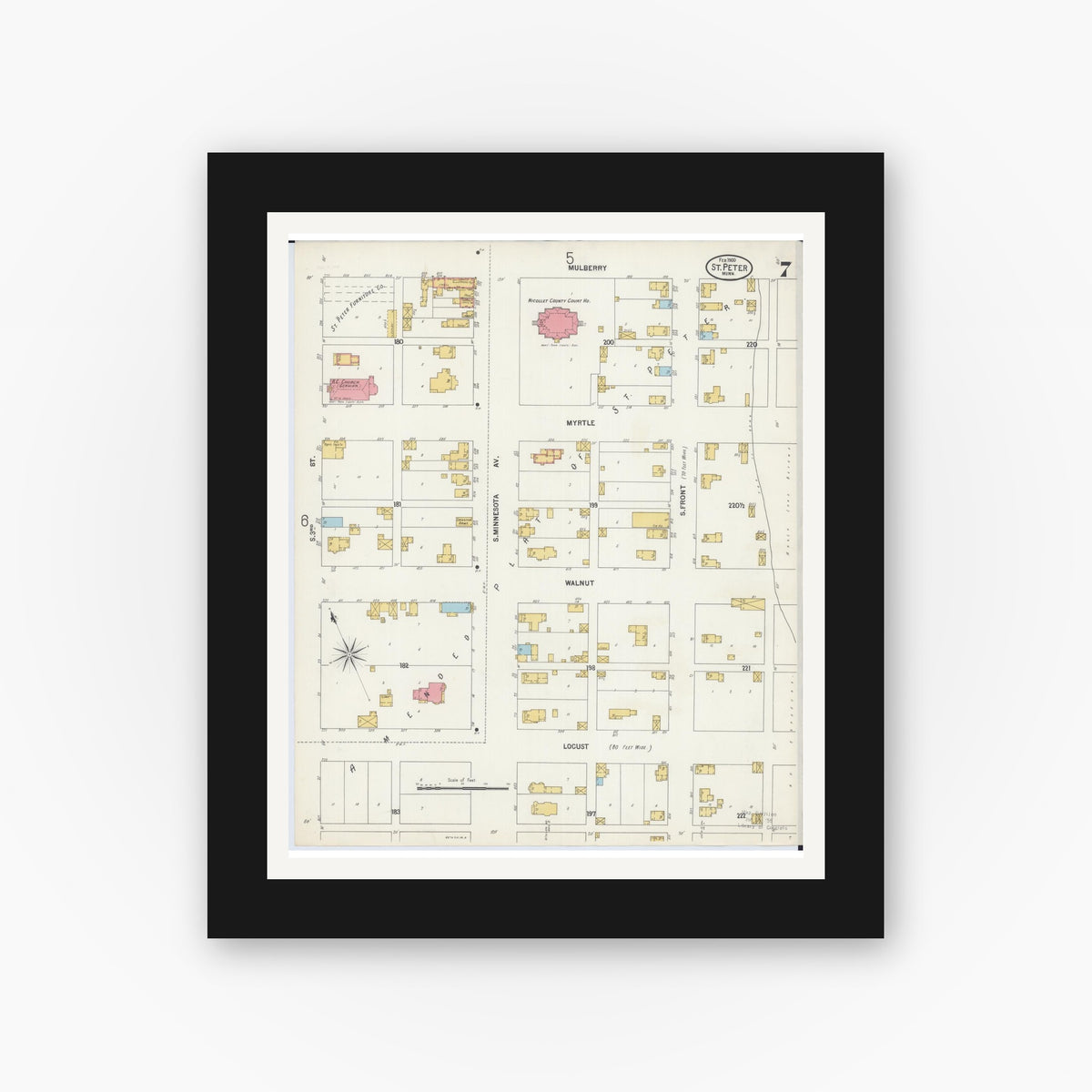 Old map wall art mockup — black gallery frame with white mat — Sanborn Fire Insurance Map from Saint Peter, Nicollet County, Minnesota (1900), Sheet #0007