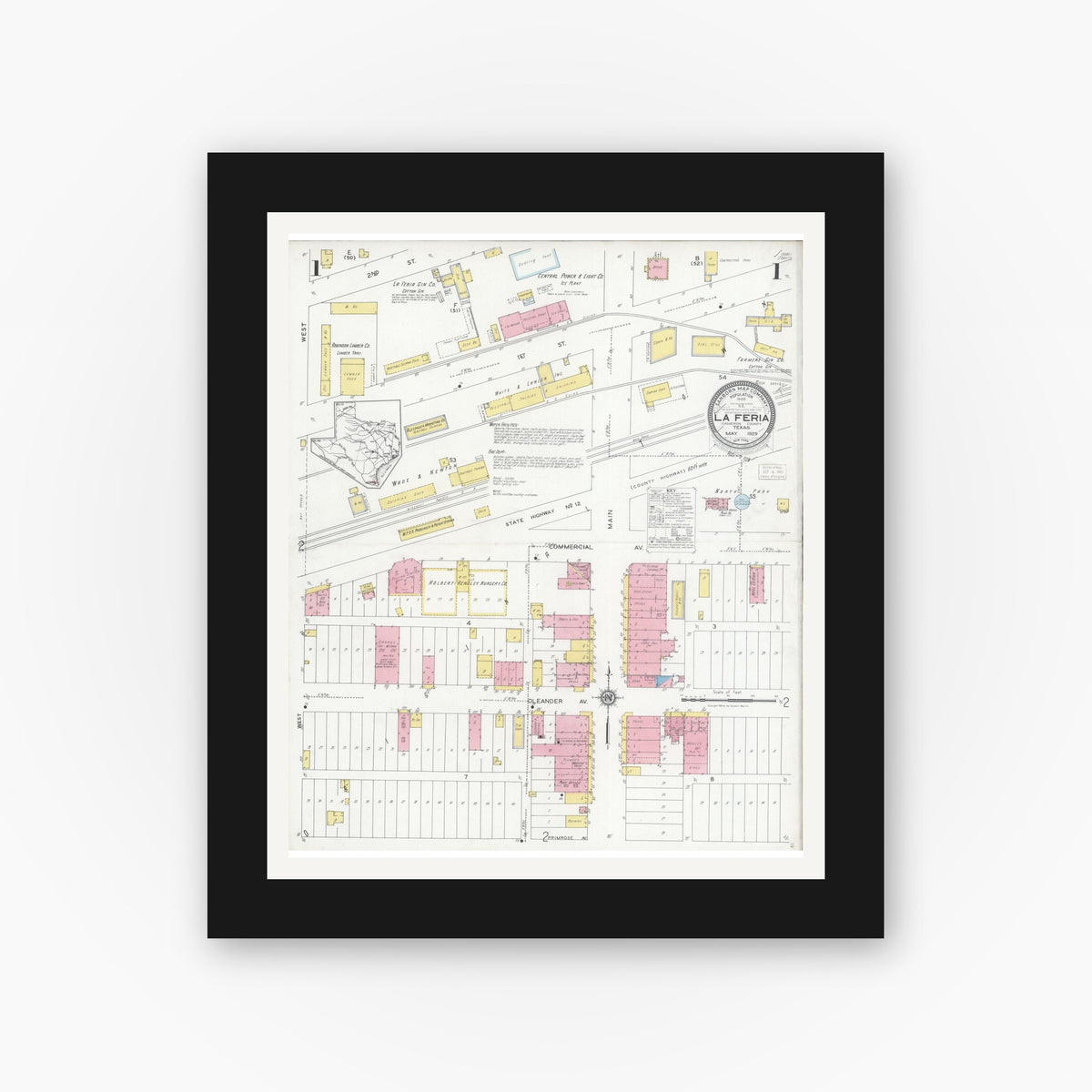 Old map wall art mockup — black gallery frame with white mat — Sanborn Fire Insurance Map from La Feria, Cameron County, Texas (1929), Sheet #0001