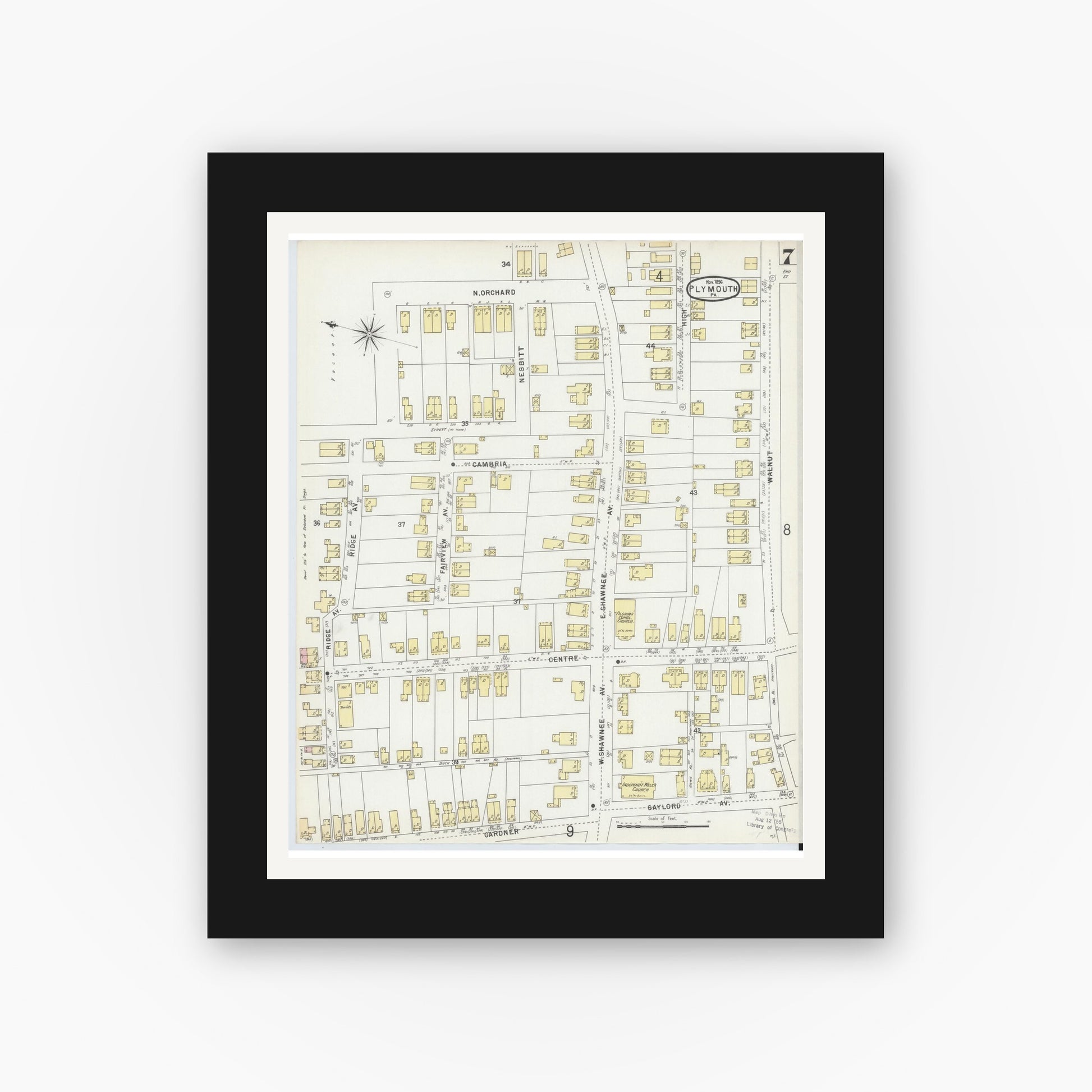 Old map wall art mockup — black gallery frame with white mat — Sanborn Fire Insurance Map from Plymouth, Luzerne County, Pennsylvania (1896), Sheet #0007