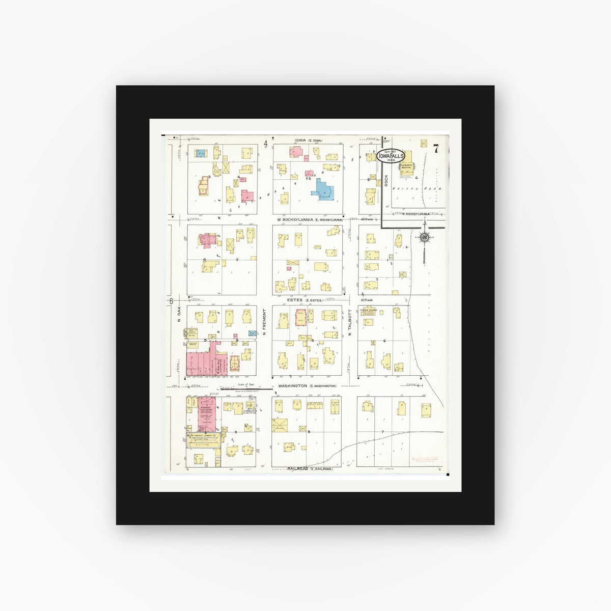 Old map wall art mockup — black gallery frame with white mat — Sanborn Fire Insurance Map from Iowa Falls, Hardin County, Iowa (1917), Sheet #0007