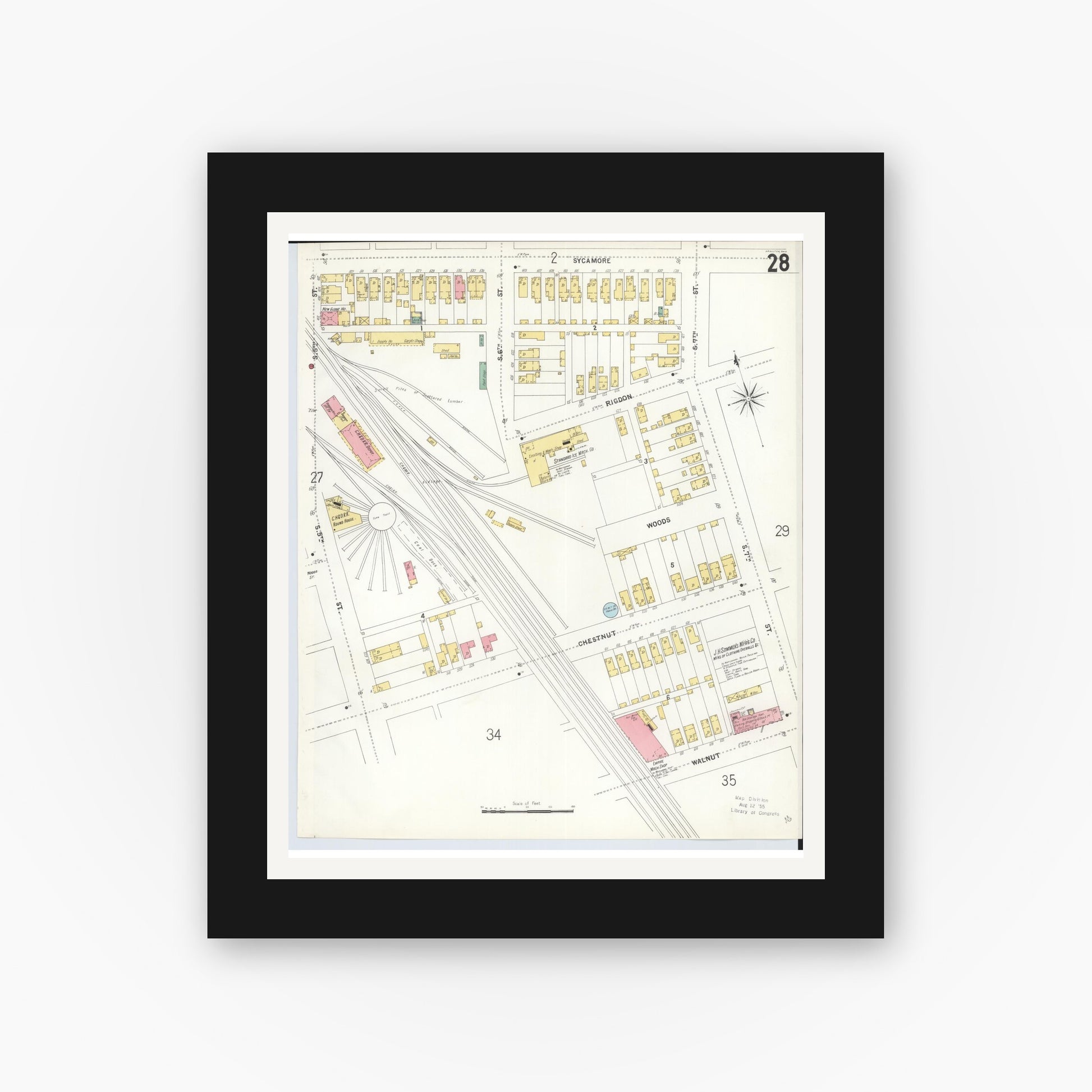 Old map wall art mockup — black gallery frame with white mat — Sanborn Fire Insurance Map from Hamilton, Butler County, Ohio (1899), Sheet #0028