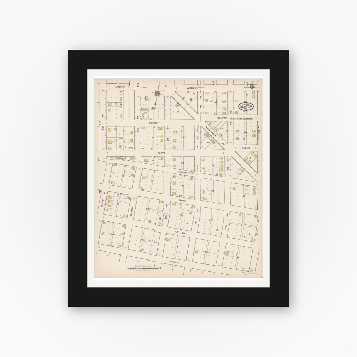 Old map wall art mockup — black gallery frame with white mat — Sanborn Fire Insurance Map from Slaton, Lubbock County, Texas (1922), Sheet #0008