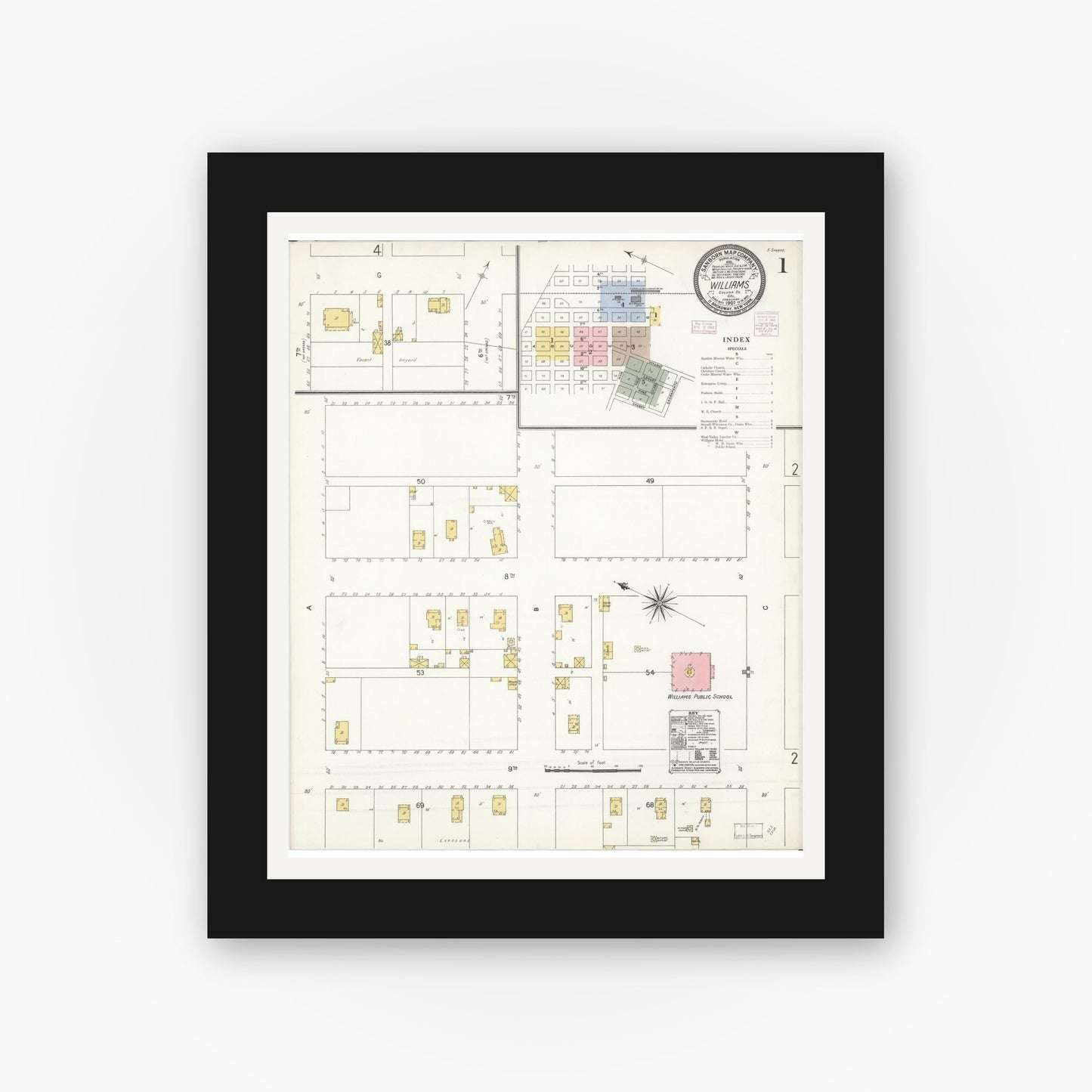 Old map wall art mockup — black gallery frame with white mat — Sanborn Fire Insurance Map from Williams, Colusa County, California (1907) - Complete Map Set
