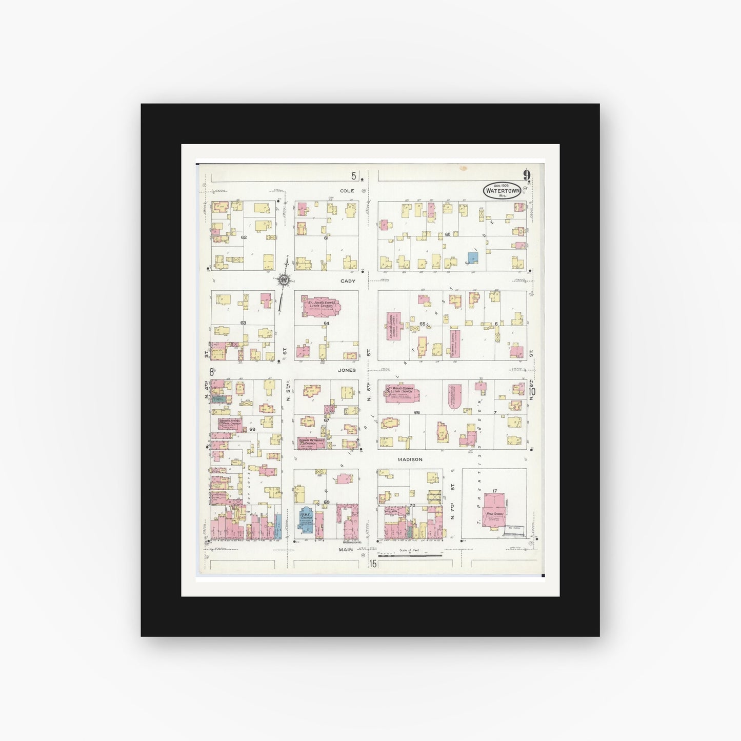 Old map wall art mockup — black gallery frame with white mat — Sanborn Fire Insurance Map from Watertown, Jefferson County, Wisconsin (1909), Sheet #0009