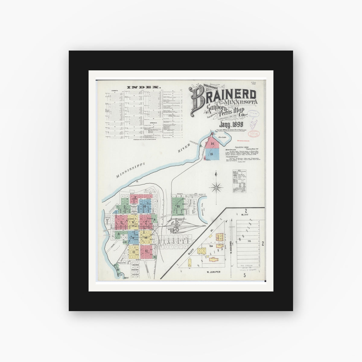 Old map wall art mockup — black gallery frame with white mat — Sanborn Fire Insurance Map from Brainerd, Crow Wing County, Minnesota (1898) - Complete Map Set
