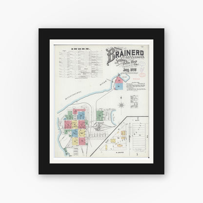 Old map wall art mockup — black gallery frame with white mat — Sanborn Fire Insurance Map from Brainerd, Crow Wing County, Minnesota (1898) - Complete Map Set