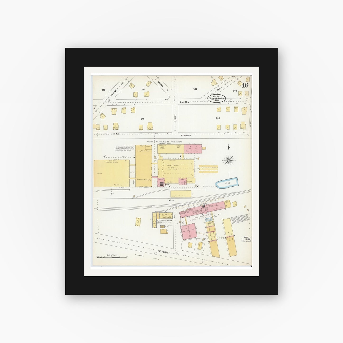 Old map wall art mockup — black gallery frame with white mat — Sanborn Fire Insurance Map from Watertown, Middlesex County, Massachusetts (1904), Sheet #0016