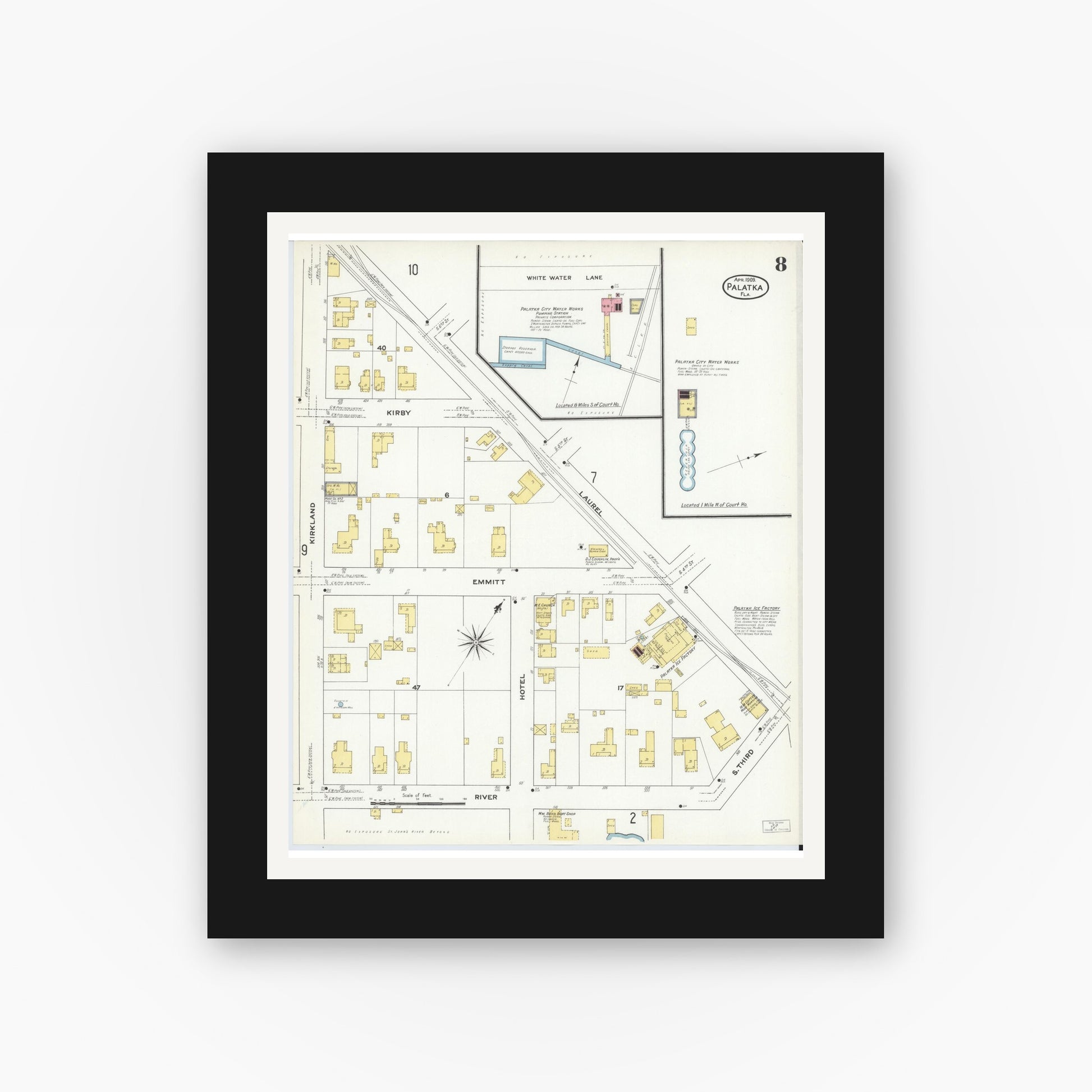 Old map wall art mockup — black gallery frame with white mat — Sanborn Fire Insurance Map from Palatka, Putnam County, Florida (1909), Sheet #0008