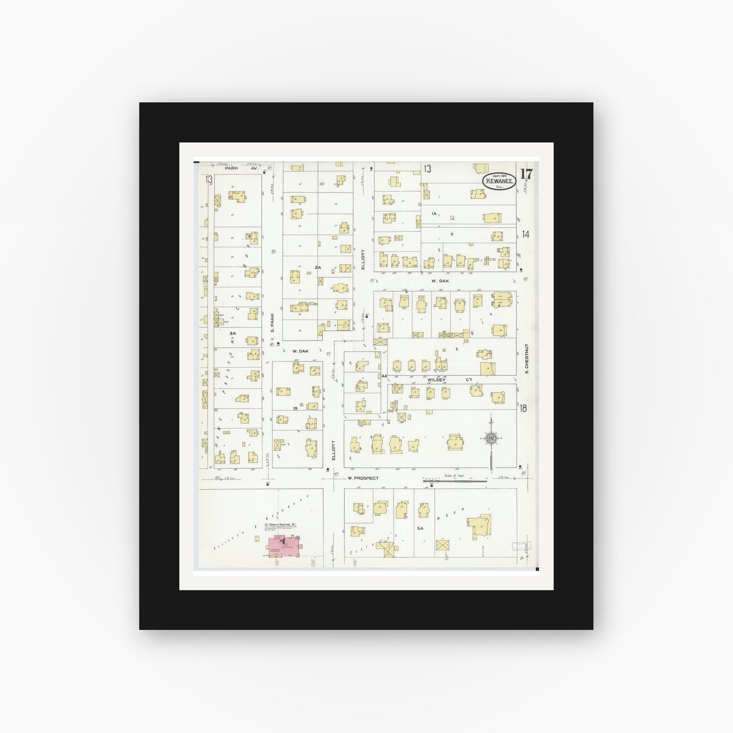 Old map wall art mockup — black gallery frame with white mat — Sanborn Fire Insurance Map from Kewanee, Henry County, Illinois (1910), Sheet #0017