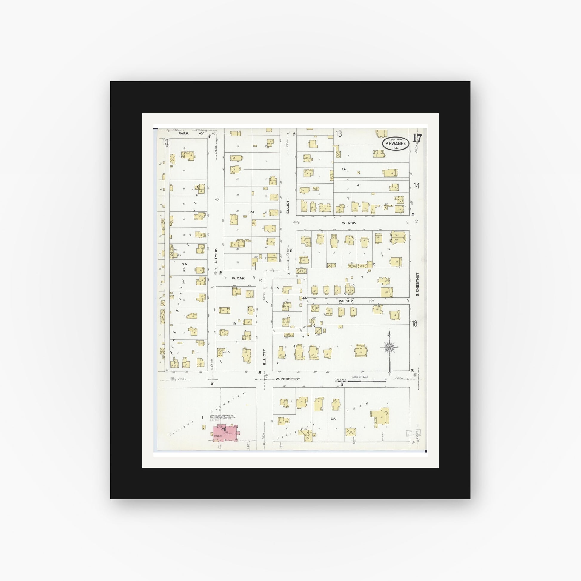 Old map wall art mockup — black gallery frame with white mat — Sanborn Fire Insurance Map from Kewanee, Henry County, Illinois (1910), Sheet #0017
