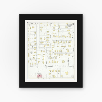 Old map wall art mockup — black gallery frame with white mat — Sanborn Fire Insurance Map from Kewanee, Henry County, Illinois (1910), Sheet #0017