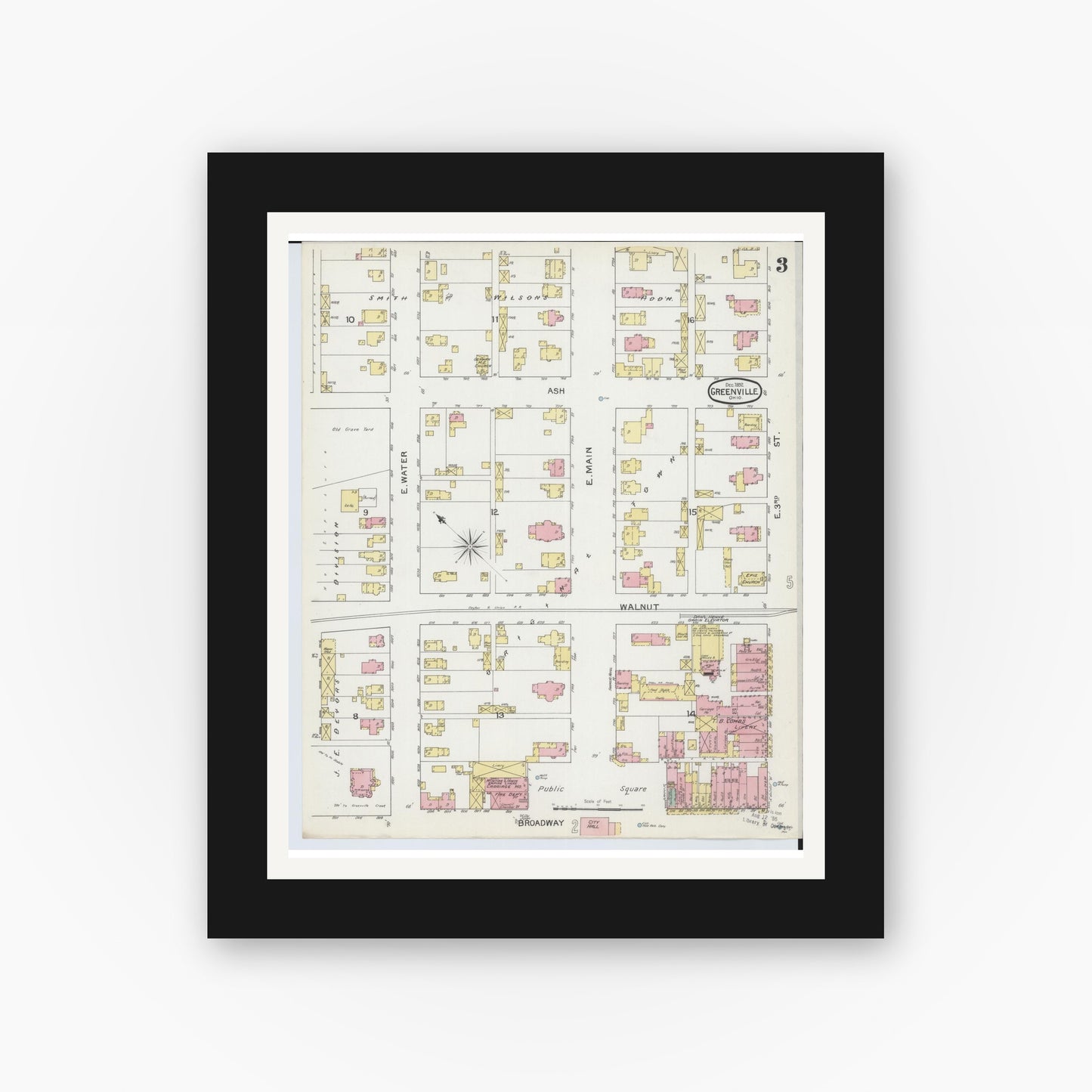 Old map wall art mockup — black gallery frame with white mat — Sanborn Fire Insurance Map from Greenville, Darke County, Ohio (1892), Sheet #0003