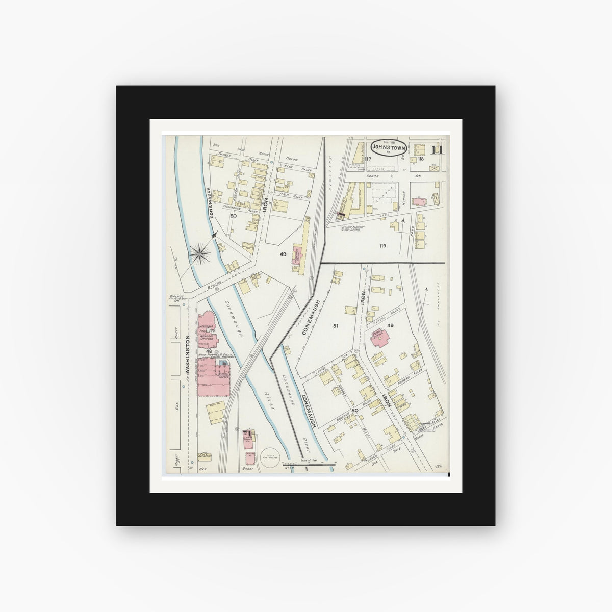 Old map wall art mockup — black gallery frame with white mat — Sanborn Fire Insurance Map from Johnstown, Cambria County, Pennsylvania (1891), Sheet #0011