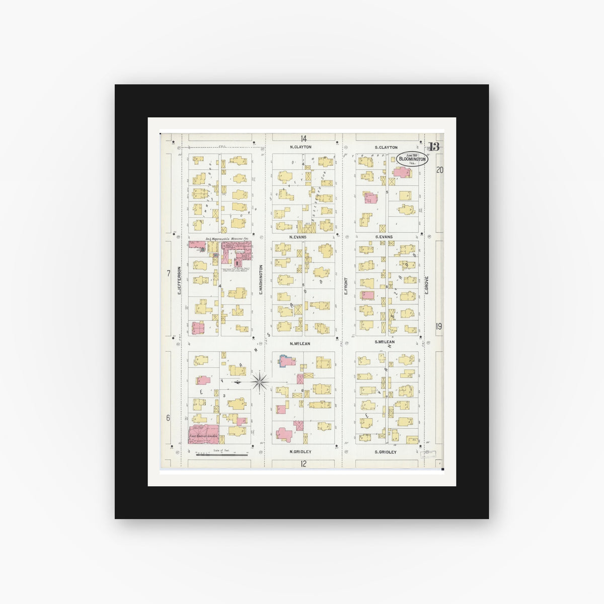 Old map wall art mockup — black gallery frame with white mat — Sanborn Fire Insurance Map from Bloomington, McLean County, Illinois (1901), Sheet #0013