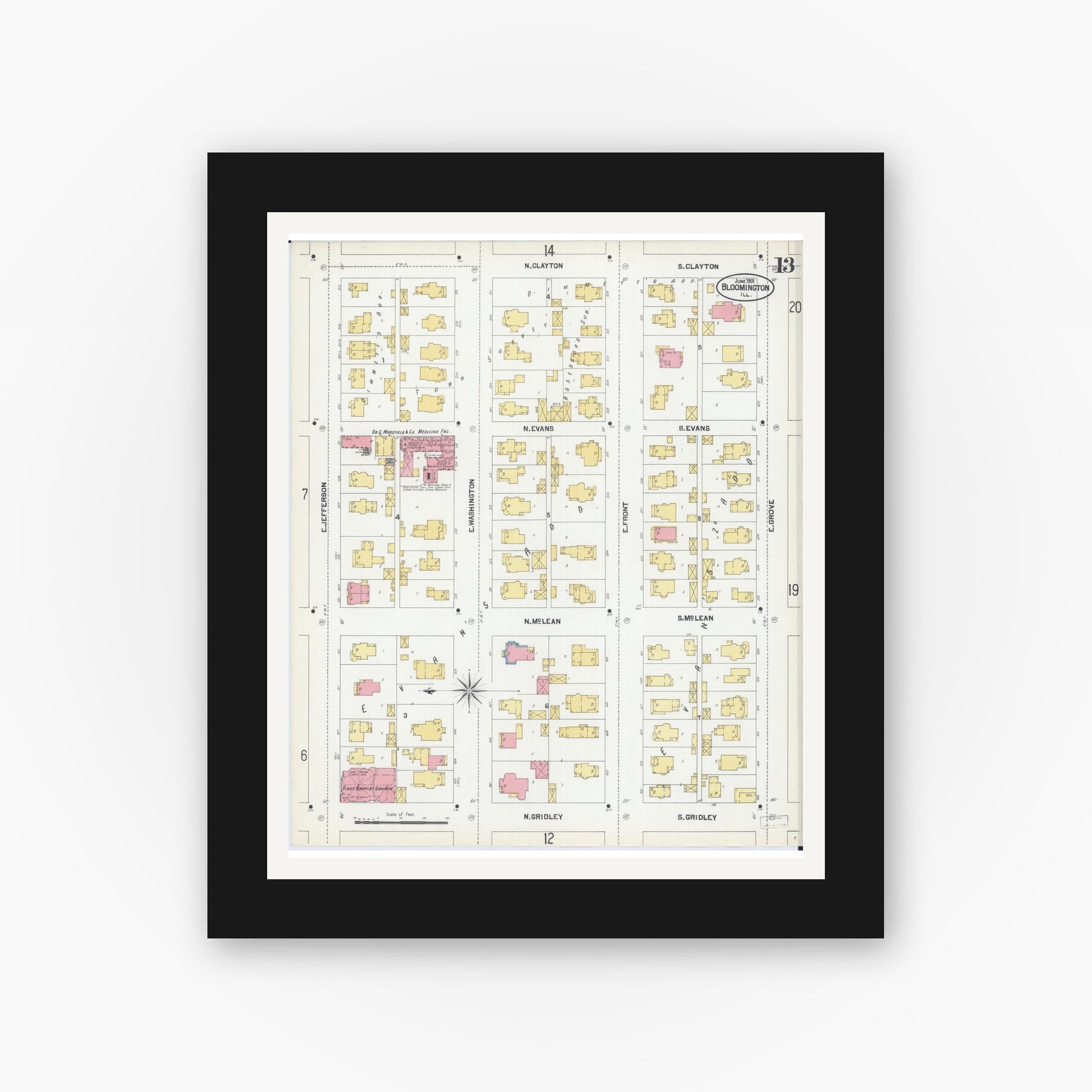 Old map wall art mockup — black gallery frame with white mat — Sanborn Fire Insurance Map from Bloomington, McLean County, Illinois (1901), Sheet #0013