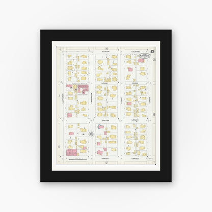 Old map wall art mockup — black gallery frame with white mat — Sanborn Fire Insurance Map from Bloomington, McLean County, Illinois (1901), Sheet #0013
