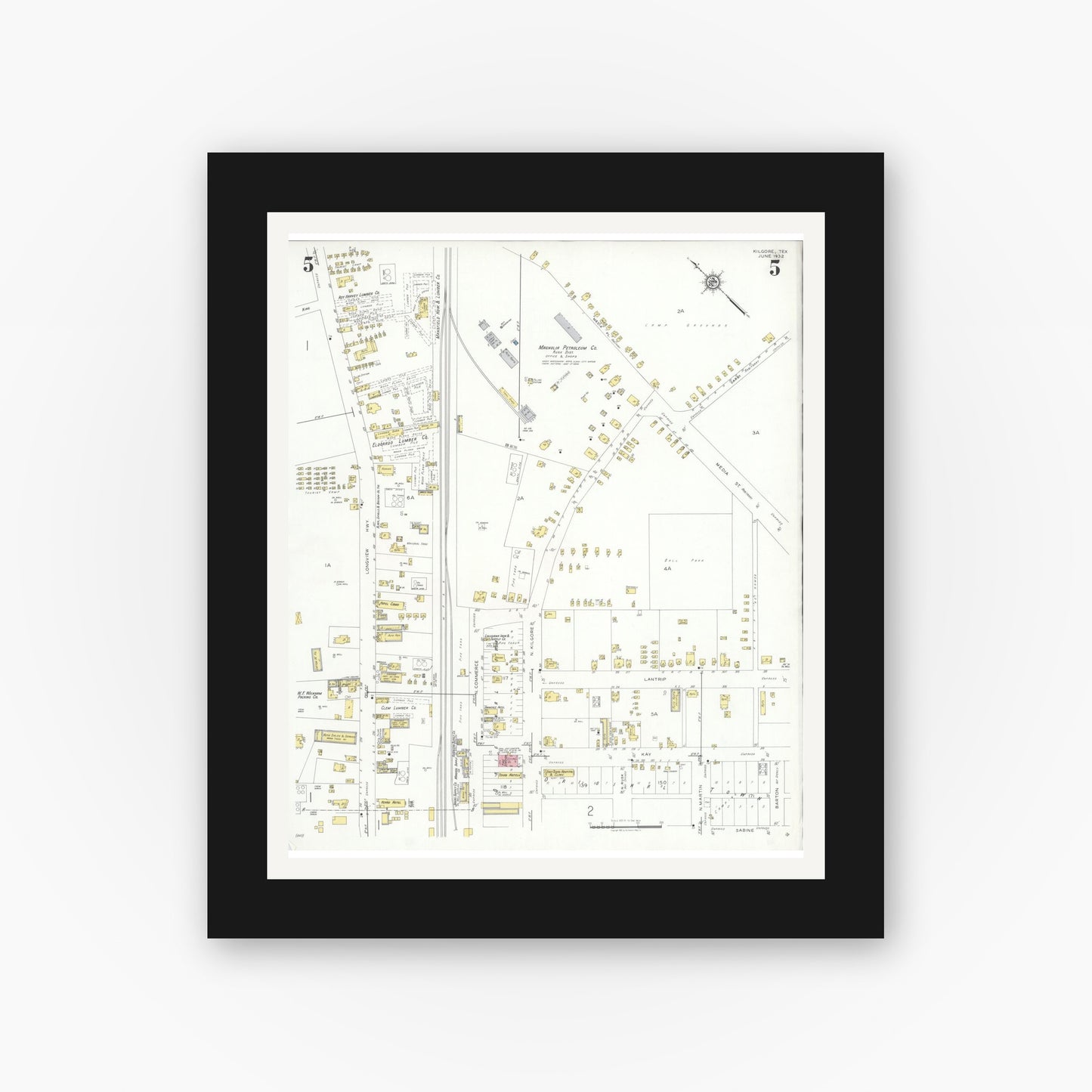 Old map wall art mockup — black gallery frame with white mat — Sanborn Fire Insurance Map from Kilgore, Gregg County, Texas (1932), Sheet #0005