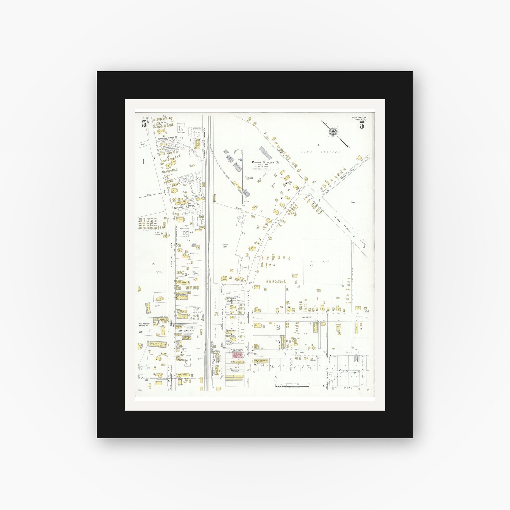 Old map wall art mockup — black gallery frame with white mat — Sanborn Fire Insurance Map from Kilgore, Gregg County, Texas (1932), Sheet #0005