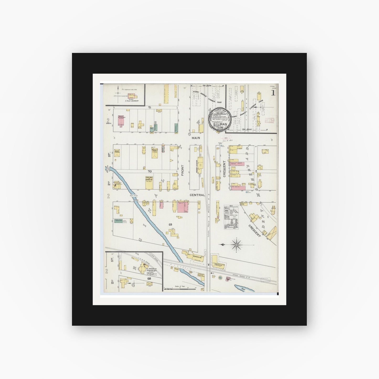 Old map wall art mockup — black gallery frame with white mat — Sanborn Fire Insurance Map from Gilman, Iroquois County, Illinois (1892), Sheet #0001