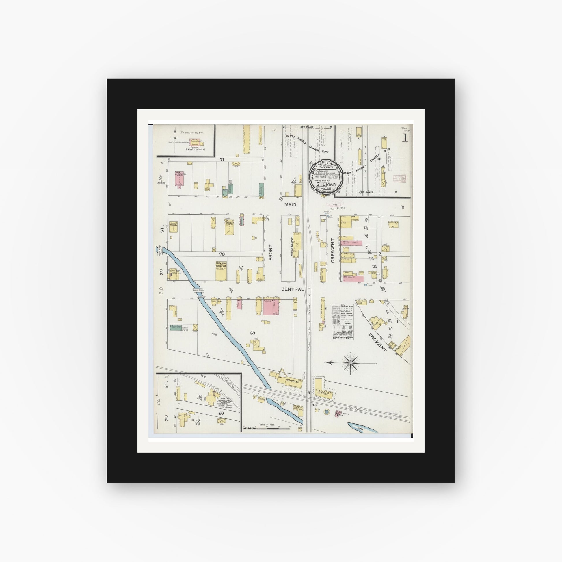 Old map wall art mockup — black gallery frame with white mat — Sanborn Fire Insurance Map from Gilman, Iroquois County, Illinois (1892), Sheet #0001