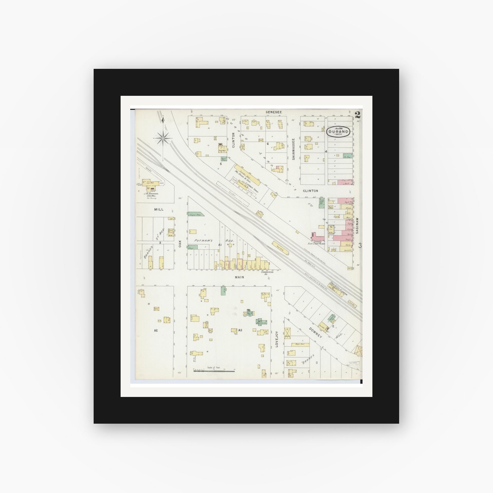 Old map wall art mockup — black gallery frame with white mat — Sanborn Fire Insurance Map from Durand, Shiawassee County, Michigan (1896), Sheet #0002