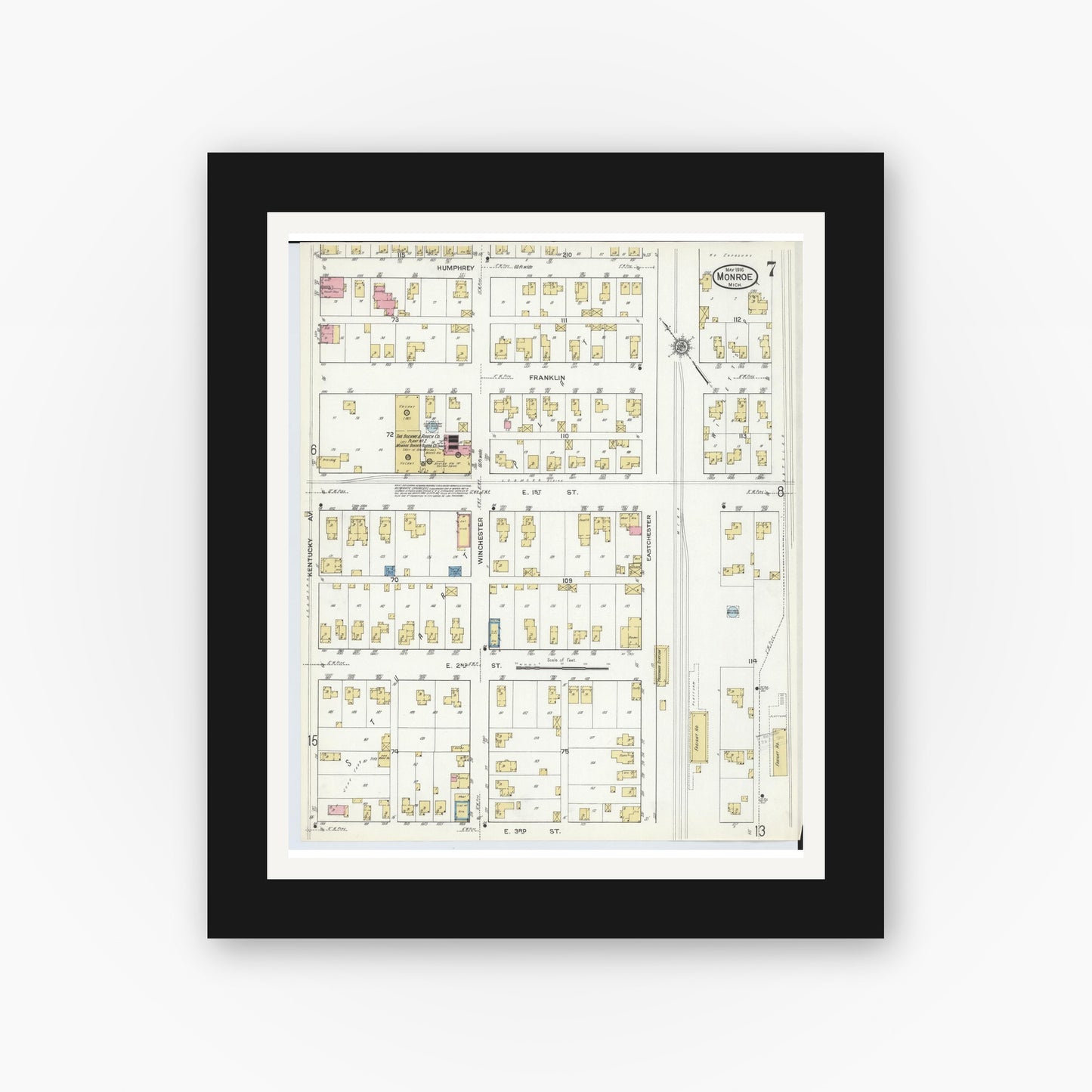 Old map wall art mockup — black gallery frame with white mat — Sanborn Fire Insurance Map from Monroe, Monroe County, Michigan (1916), Sheet #0007