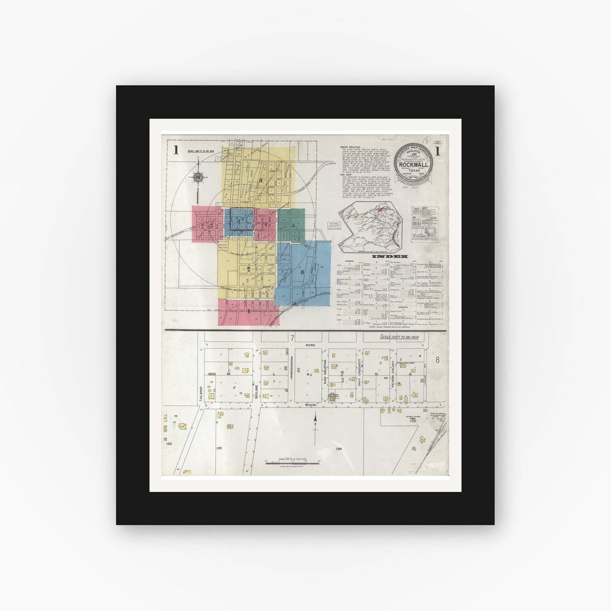 Old map wall art mockup — black gallery frame with white mat — Sanborn Fire Insurance Map from Rockwall, Rockwall County, Texas (1923), Sheet #0001