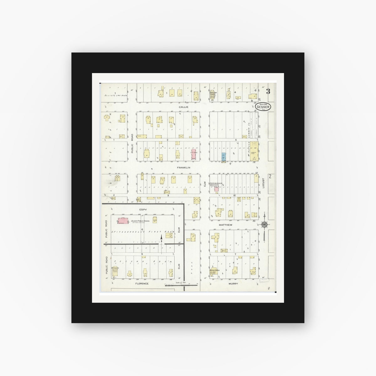 Old map wall art mockup — black gallery frame with white mat — Sanborn Fire Insurance Map from Sesser, Franklin County, Illinois (1914), Sheet #0003