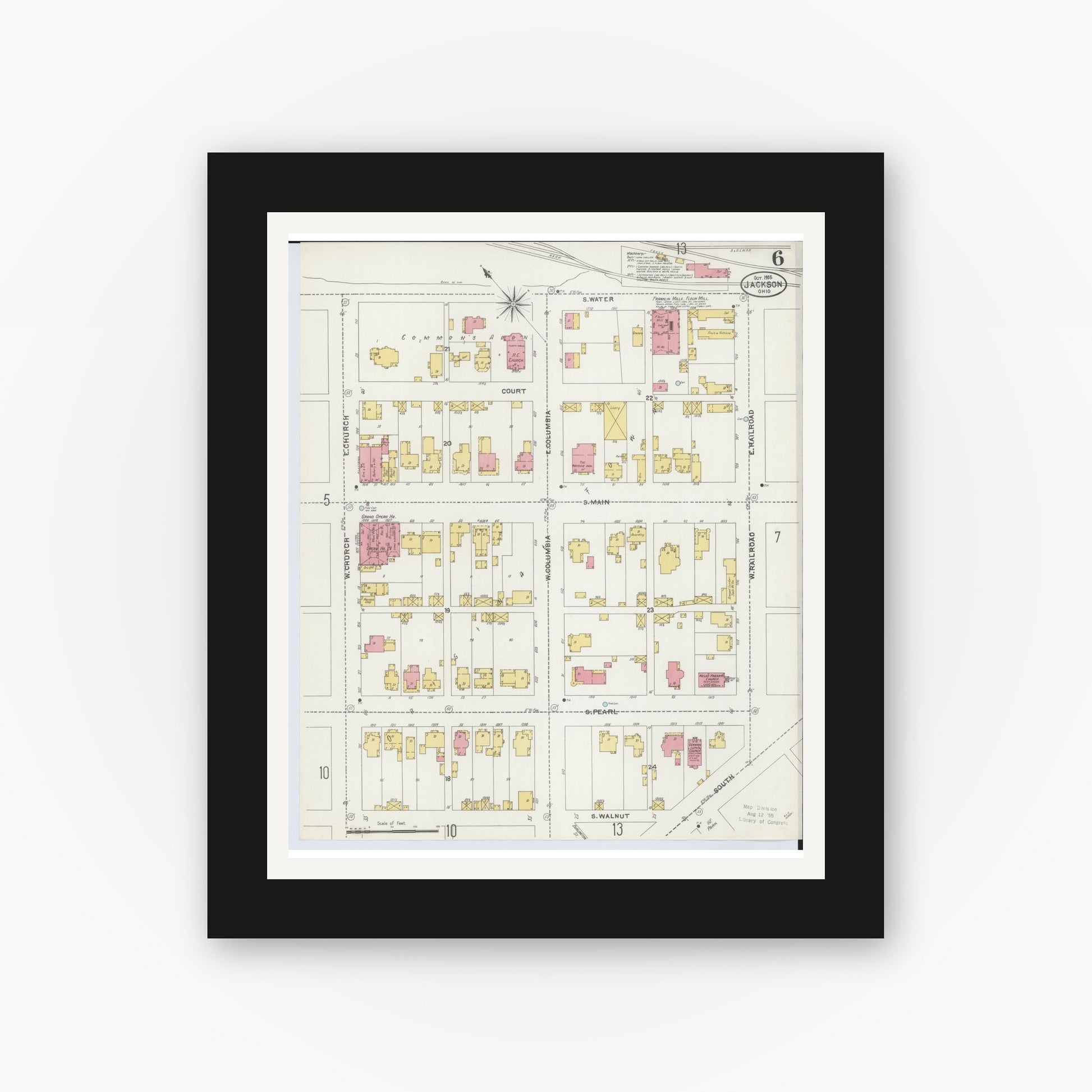 Old map wall art mockup — black gallery frame with white mat — Sanborn Fire Insurance Map from Jackson, Jackson County, Ohio (1905), Sheet #0006