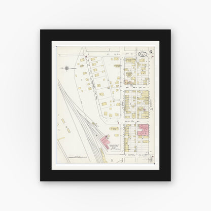 Old map wall art mockup — black gallery frame with white mat — Sanborn Fire Insurance Map from Ely, Saint Louis County, Minnesota (1914), Sheet #0006