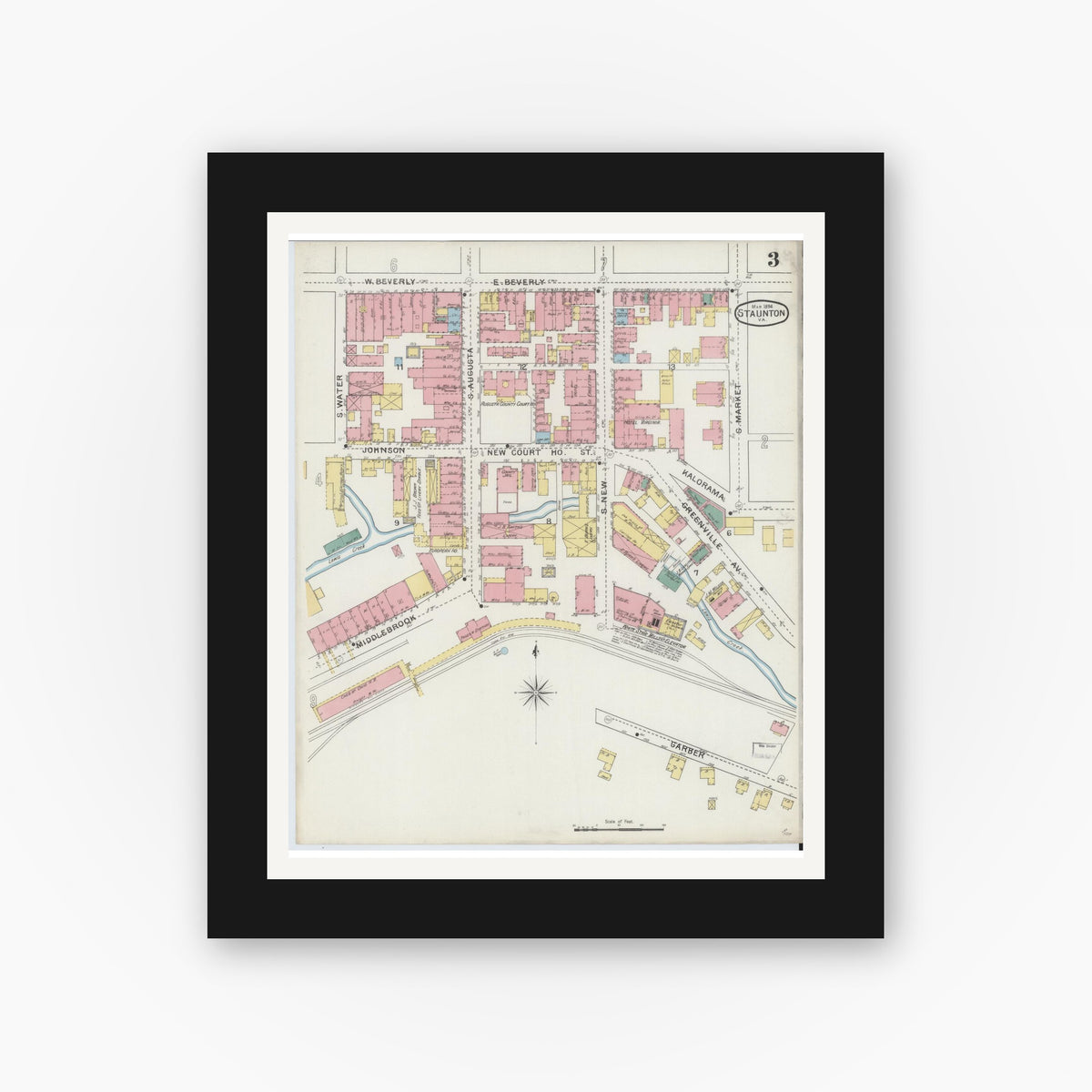 Old map wall art mockup — black gallery frame with white mat — Sanborn Fire Insurance Map from Staunton, Independent Cities, Virginia (1894), Sheet #0003
