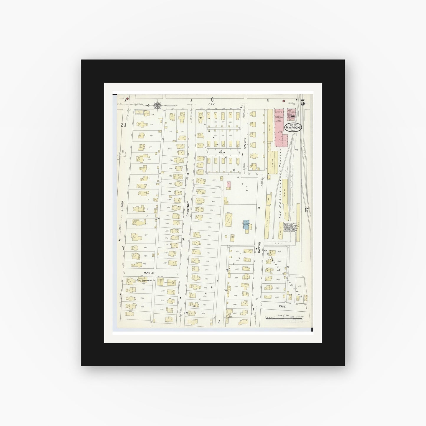 Old map wall art mockup — black gallery frame with white mat — Sanborn Fire Insurance Map from Marion, Marion County, Ohio (1914), Sheet #0005