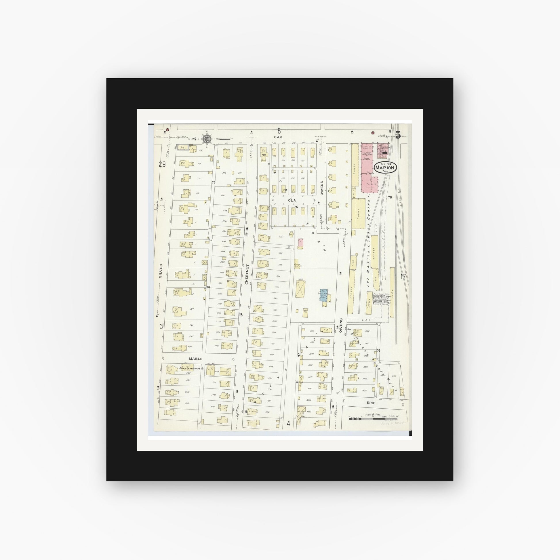 Old map wall art mockup — black gallery frame with white mat — Sanborn Fire Insurance Map from Marion, Marion County, Ohio (1914), Sheet #0005