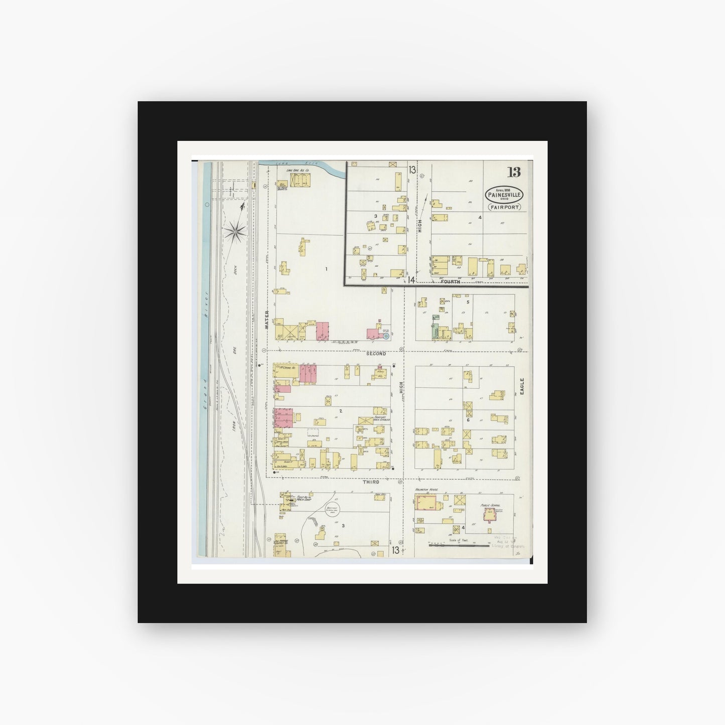 Old map wall art mockup — black gallery frame with white mat — Sanborn Fire Insurance Map from Painesville, Lake County, Ohio (1898), Sheet #0013