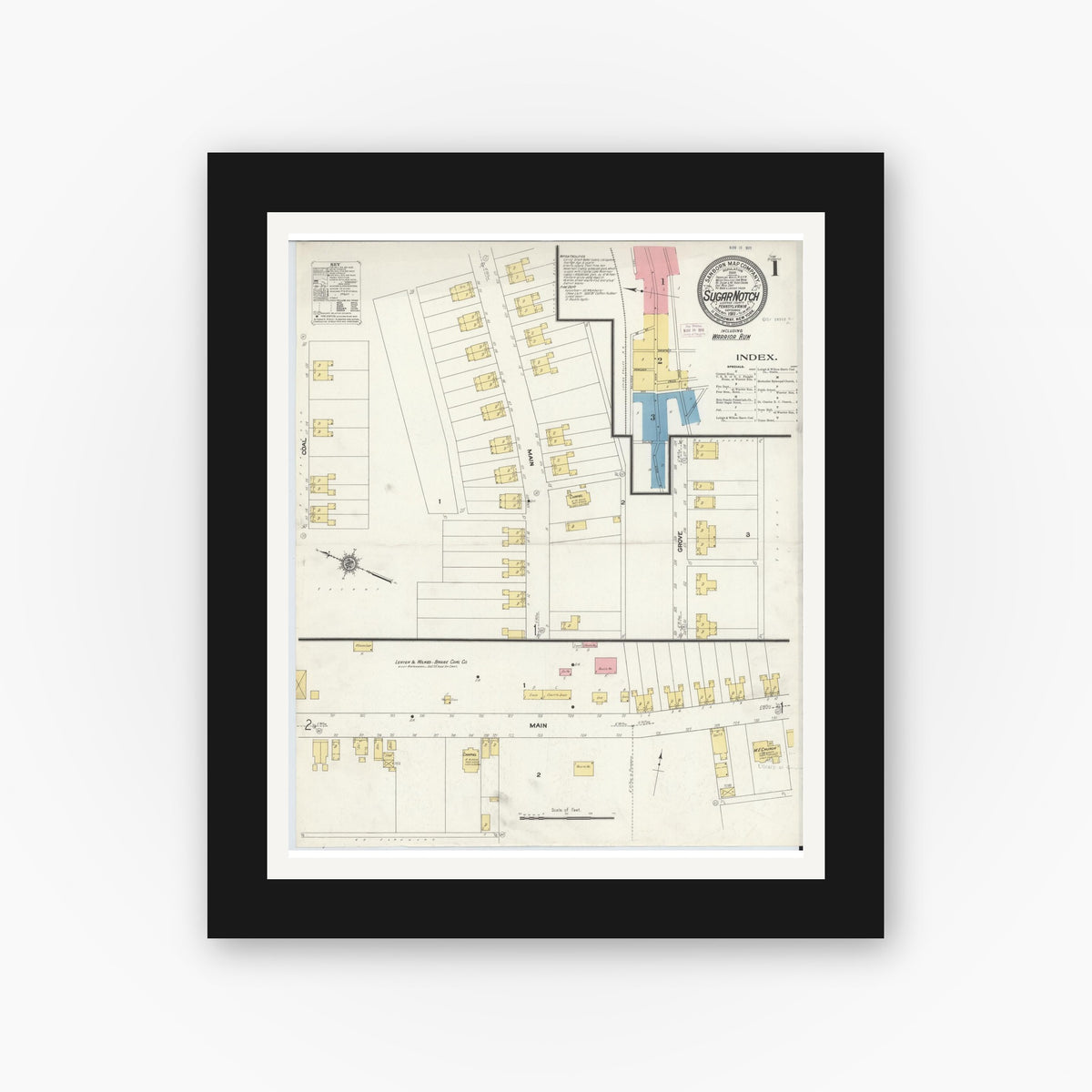 Old map wall art mockup — black gallery frame with white mat — Sanborn Fire Insurance Map from Sugar Notch, Luzerne County, Pennsylvania (1911) - Complete Map Set